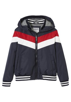 Navy hooded jacket with red and white diagonal stripes, zip closure, two front pockets, and striped cuffs at the hem. Lightweight material.