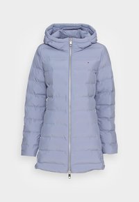 Jasnoniebieska ocieplana zimowa kurtka z kapturem, zapięciem na zamek z przodu, długimi rękawami i małym logo na piersi.