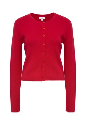 Roter langärmeliger, kurzer Cardigan mit rundem Ausschnitt und sieben Knöpfen vorne, aus Strickstoff gefertigt.