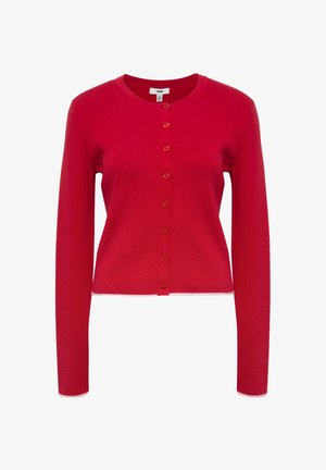 Red long-sleeve cropped cardigan with round neckline and seven front buttons, made of knit fabric.