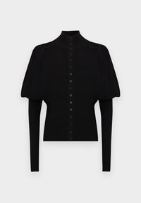 Camisola de malha preta com colarinho alto, mangas curtas bufantes e punhos longos em côtelé, apresentando uma linha completa de botões na frente.