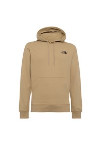 Sudadera beige hecha de una suave mezcla de algodón, con un bolsillo frontal, capucha con cordón y un logo negro en el lado izquierdo del pecho.