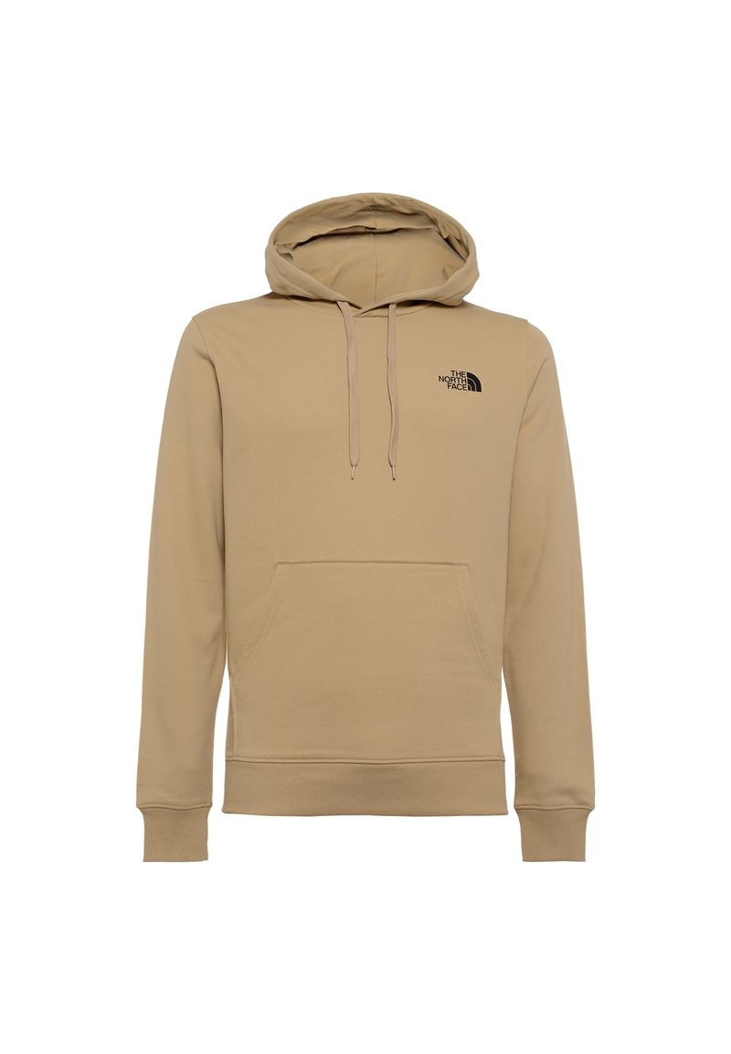 Sudadera beige hecha de una suave mezcla de algodón, con un bolsillo frontal, capucha con cordón y un logo negro en el lado izquierdo del pecho.