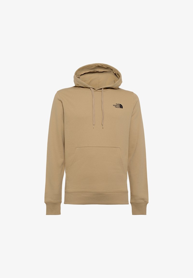 Sudadera beige hecha de una suave mezcla de algodón, con un bolsillo frontal, capucha con cordón y un logo negro en el lado izquierdo del pecho.