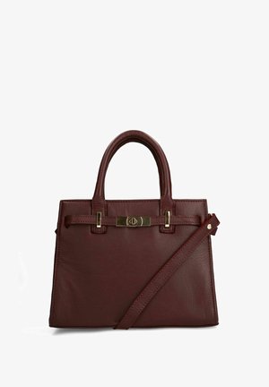 Borsa a mano in pelle bordeaux con doppi manici superiori, dettagli in metallo dorato, tracolla rimovibile e design strutturato.