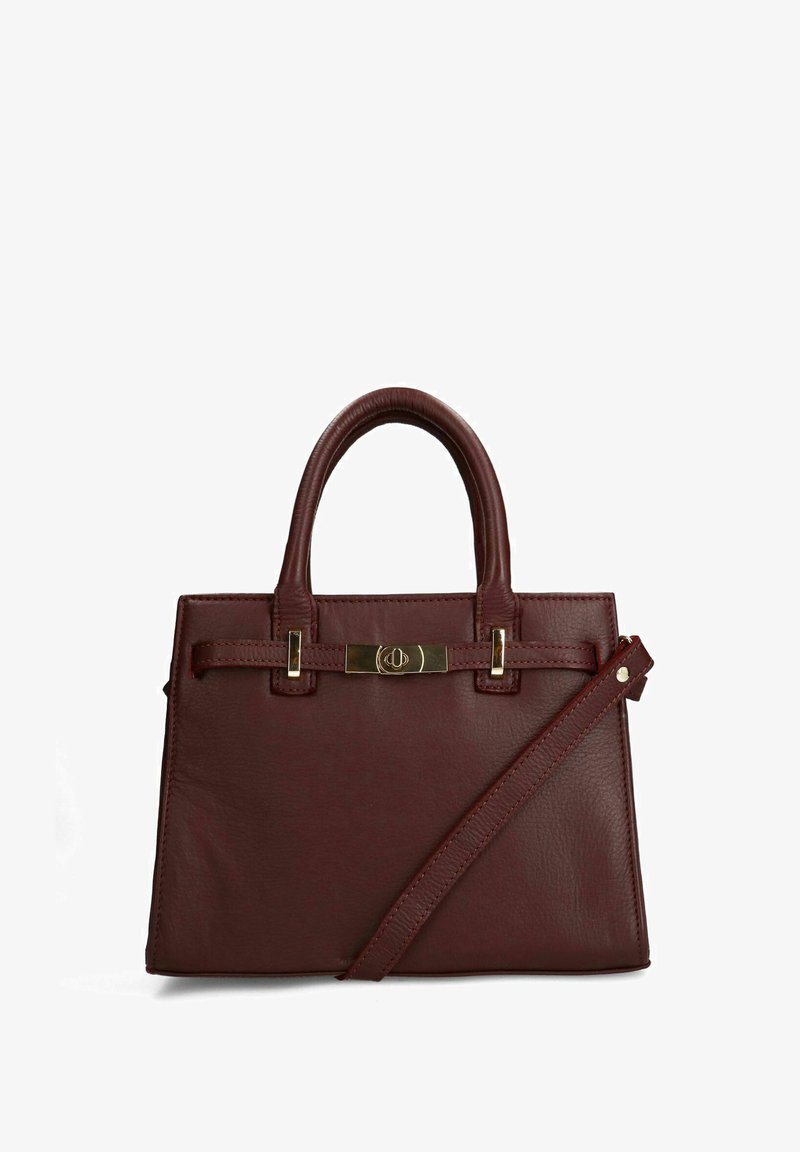 Borsa a mano in pelle bordeaux con doppi manici superiori, dettagli in metallo dorato, tracolla rimovibile e design strutturato.
