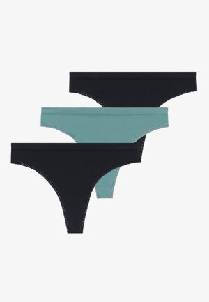 Tre par thongs i svart og teal. Mykt bomullsmateriale med bølget blondekant langs midjebåndet og benåpningene.