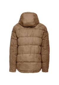 Brown puffer jacket with a quilted design, featuring a hood and a soft, textured fabric. Back view shows horizontal stitching and a rounded hem.