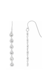 Orecchini a pendente in argento con cinque pietre rotonde, trasparenti, incastonate in bezels circolari, collegate da connettori metallici ovali lisci.