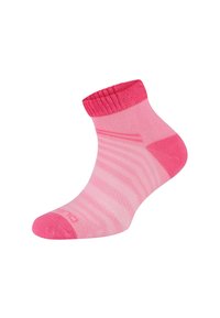 Różowe skarpetki bawełniane do kostek z prążkowanym ściągaczem, w paski i wzmocnionym palcem. Miękka tekstura w różnych odcieniach różu.