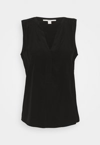 Top nero senza maniche con scollatura a V, dettagli plissettati sulle spalle e una texture liscia e lucida. Orlo dritto nella parte inferiore.