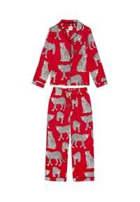 Red pajama set featuring a leopard print, consisting of a button-up top with a pocket and matching trousers with an elastic waistband.