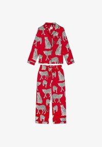Red pajama set featuring a leopard print, consisting of a button-up top with a pocket and matching trousers with an elastic waistband.