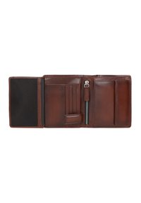 Bruine leren portemonnee, met een bifold ontwerp, voorzien van kaartsleuven, een ritsvak en een gladde textuur. De binnenkant heeft een stoffen voering.