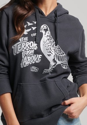 Sweat à capuche sombre avec un grand graphisme d'oiseau, des oiseaux en vol et le texte "The Terror From Above" à l'avant, porté par une personne avec une main dans la poche.