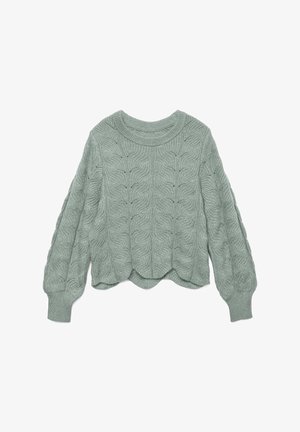 Mintgroene gebreide trui met een kabelpatroon, ronde hals, lange mouwen en een cropped zoom, met textuurdetails doorheen.