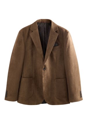 Blazer in camoscio marrone con due tasche frontali, chiusura con un bottone singolo e fodera nera con motivo a fantasia. Presenta tre bottoni su ogni polsino.