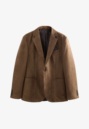 Bruine suède blazer met twee steekzakken aan de voorkant, sluiting met een enkele knoop en een patroon van een zwarte voering. Heeft drie knopen op elke manchette.
