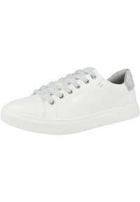 White leather sneaker with silver-tone eyelets and laces, textured rubber sole, and a smooth finish. Accent on the heel in light grey.