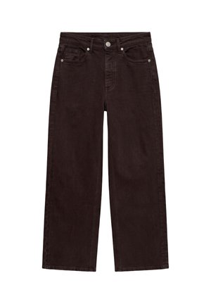 Jean noir à jambes larges avec bouton et fermeture éclair à l'avant, passants pour ceinture et design cinq poches sur fond blanc.