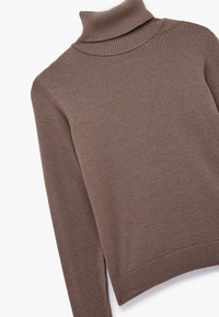 Jersey de tortuga marrón en tejido de punto ligero. Presenta un cuello, puños y dobladillo acanalados. Diseño simple con una textura suave.