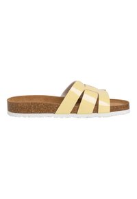 Sandale à glissière jaune brillante avec trois larges brides croisées, semelle intérieure en liège et semelle extérieure en caoutchouc blanc texturé.