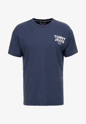 Krátký rukáv, námořnická modrá bavlněná tričko s bílým logem "TOMMY JEANS" na levém hrudi, kulatý výstřih a standardní střih.