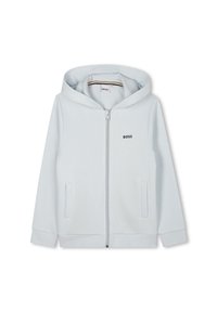 Lichtblauwe rits hoodie met een gevoerde capuchon, voorkant zakken en een klein donker logo op de borst. Zachte stof met een gladde textuur.