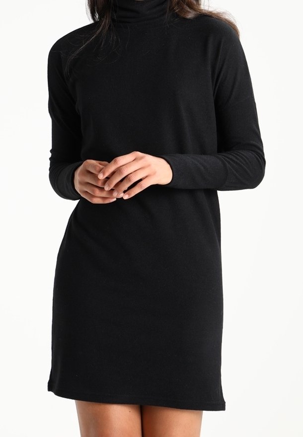 Robe longue à manches longues noire en col roulé, fabriquée en tissu doux avec une coupe décontractée, présentant un ourlet droit et un minimalisme dans les détails.