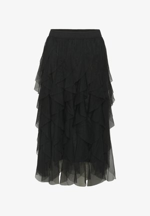 Black tiered skirt with multiple ruffled layers made of sheer fabric. Elastic waistband provides a fitted silhouette.