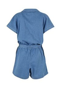Blue denim short-sleeve romper with elastic waist and collar, shown from the back.