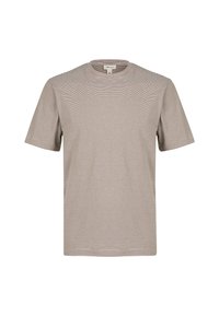 Light gray short-sleeve t-shirt featuring a subtle horizontal stripe pattern, crew neckline, and textured accents on the shoulders.