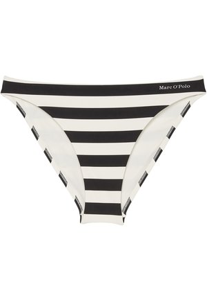 Pantofole bikini a strisce bianche e nere con una vestibilità bassa. Presenta una vita con logo e una texture morbida. Progettato per l'uso in costume da bagno.