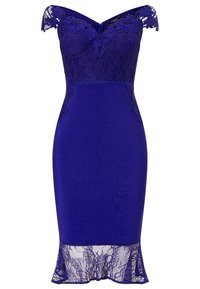 Off-shoulder purple dress with lace detailing and a fitted silhouette. The hem features a lace trim for added texture.