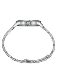 Montre en acier inoxydable argenté avec un boîtier rond, un cadran texturé et un bracelet à maillons. Elle présente une couronne proéminente sur le côté.