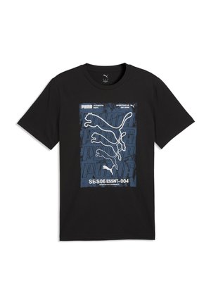 Sort t-shirt med korte ærmer, blå grafik af fire optrukne pumaer og teksten "PUMA" og "SESS06 ESSNT-004" på forsiden.