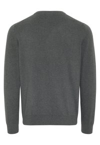 Pull gris foncé à manches longues avec col rond, poignets et ourlet côtelés, présenté de dos sur un fond blanc uni.