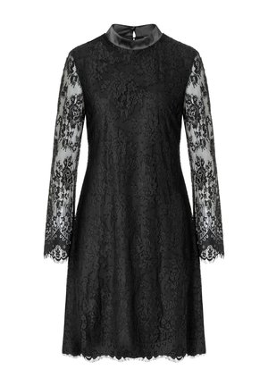 Schwarzes Spitzenkleid mit langen Spitzenärmeln, hohem Kragen und einem strukturierten Blumenmuster. Abgerundet mit einem gewellten Saum.