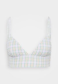 Pamut bralette kockás mintával pasztell zöld, sárga és lila színekben. Trianguláris kosarakkal és vékony, állítható pántokkal rendelkezik.