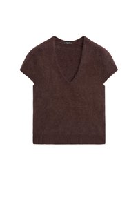 Maglione corto a maniche corte marrone con scollatura a V profonda, realizzato in materiale morbido e dalla texture interessante. Presenta un orlo a coste per un tocco di dettaglio in più.