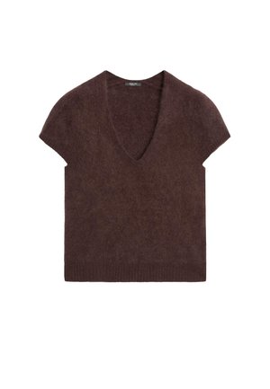 Brown short-sleeve sweater with a deep V-neck, made of soft, textured material. Features a ribbed hem for added detail.