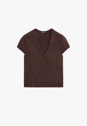 Brązowy sweter z krótkim rękawem i głębokim dekoltem w kształcie litery V, wykonany z miękkiego, strukturalnego materiału. Posiada prążkowany dół dla dodatkowego akcentu.