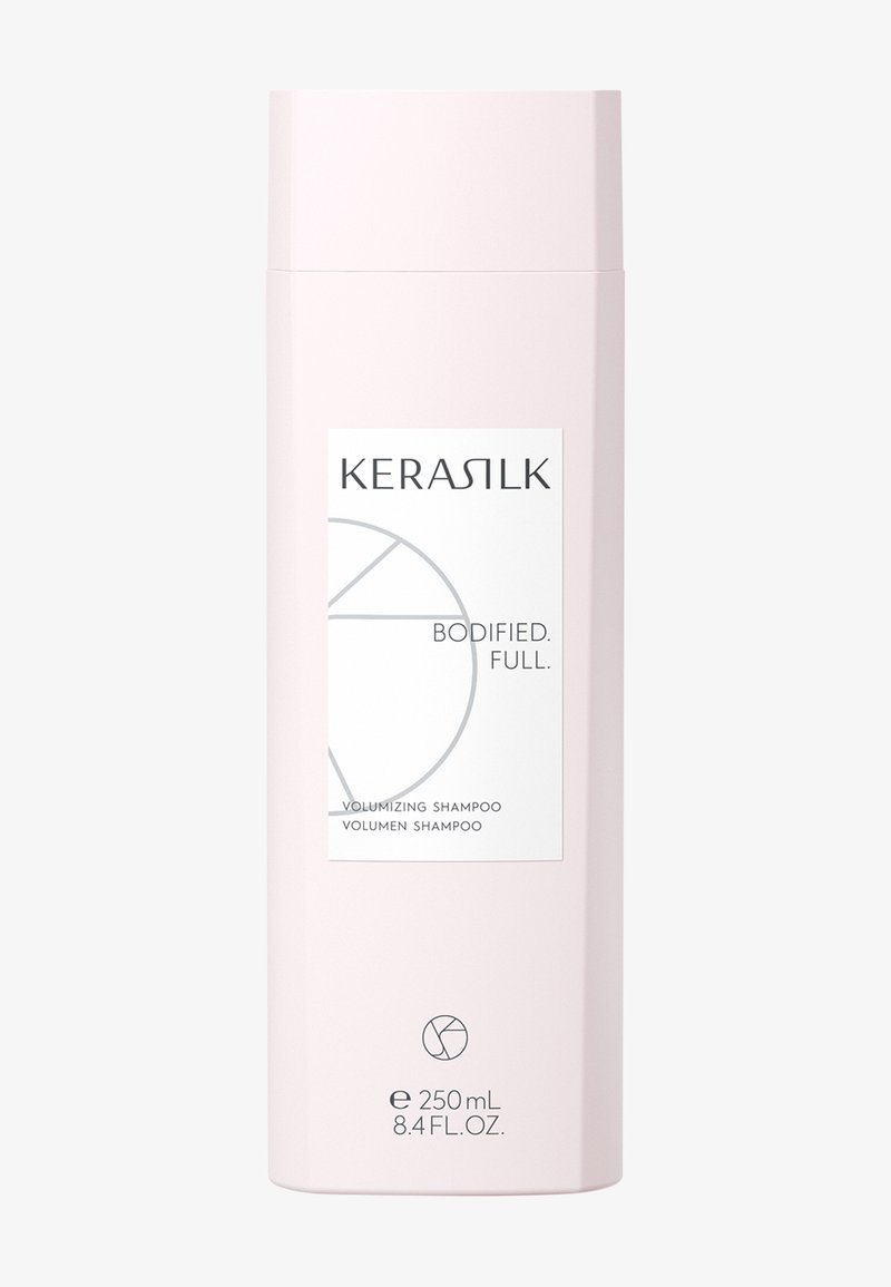 Flacone di shampoo volumizzante Kerasilk Bodified, rosa chiaro, 250 ml (8,4 fl oz), con etichetta minimalista e design geometrico.