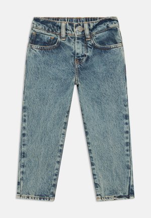 Blå denimjeans med en falmet finish, med rett snitt, fem lommer og synlige sømdetaljer. Elastisk midje for komfort.