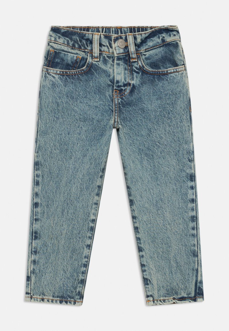Blå denimjeans med en blekt finish, rak passform, fem fickor och synliga sömnadsdetaljer. Elastisk midja för komfort.