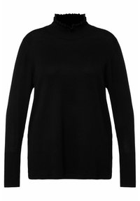 Pull noir, col haut à volants, manches longues, poignets côtelés, texture en tricot douce, design simple, sans motifs ni embellissements.