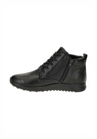 Bottines noires en cuir avec une finition texturée, dot�ées d'une fermeture éclair sur le côté, d'un bout arrondi et d'une semelle en caoutchouc flexible.