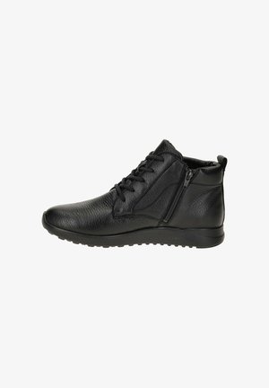 Bottines noires en cuir avec une finition texturée, dotées d'une fermeture éclair sur le côté, d'un bout arrondi et d'une semelle en caoutchouc flexible.