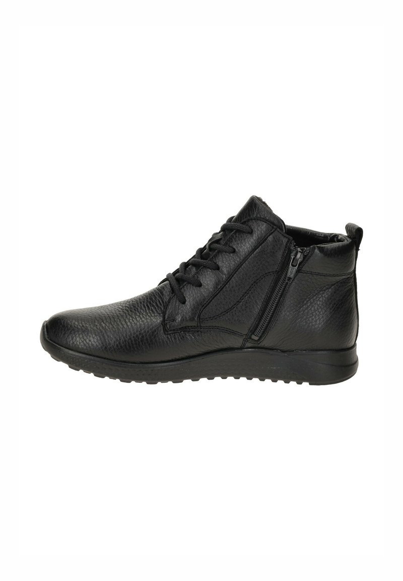 Bottines noires en cuir avec une finition texturée, dotées d'une fermeture éclair sur le côté, d'un bout arrondi et d'une semelle en caoutchouc flexible.
