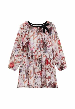 Transparentes langärmeliges Blumenkleid mit Rüschen, mehrfarbigem Blumen- und Schmetterlingsdruck, schwarze Schleife am Rundhalsausschnitt.